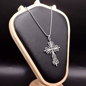 Silver Box Chain Necklace w/ Ornate Cross Unisex Birthday Anniversary Gift NEW